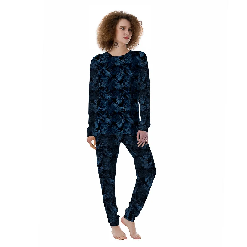 Tropical Leaf Dark Blue Print Pattern Women's Pajamas Best-value pajama sets