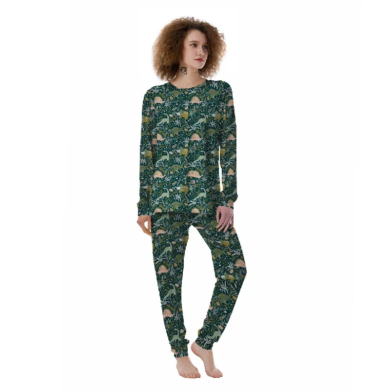 Tropical Leaves Cute Dino Print Pattern Women's Pajamas Spa pajama sets