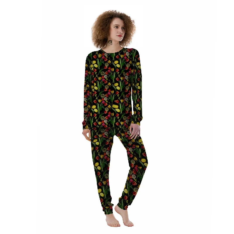 Tulip Embroidery Print Pattern Women's Pajamas Camisole pajama sets