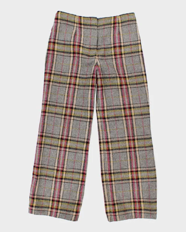 Womens Grey and Pink Plaid Wool Straight Leg Trousers - M Expensive pajama sets