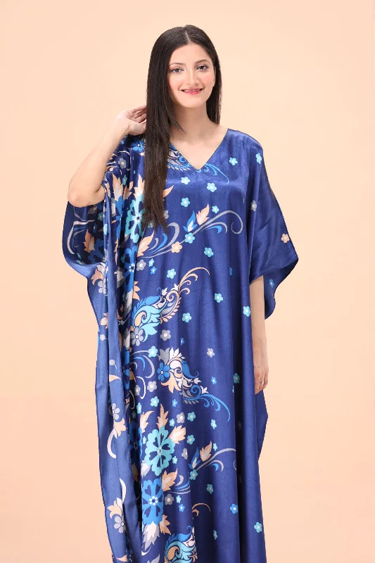 Silky Blue Floral Sides Printed Kaftan Dress Classic Bridal Gown