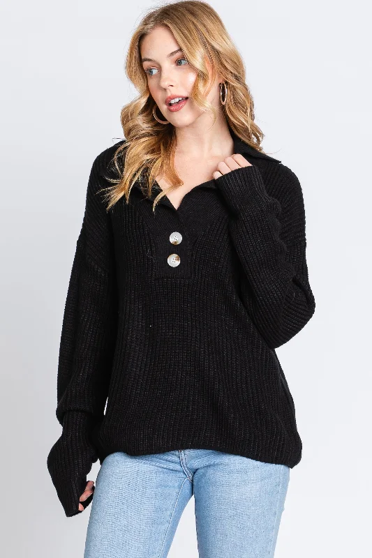 Black Chunky Knit Front Button Sweater UV protection sweaters