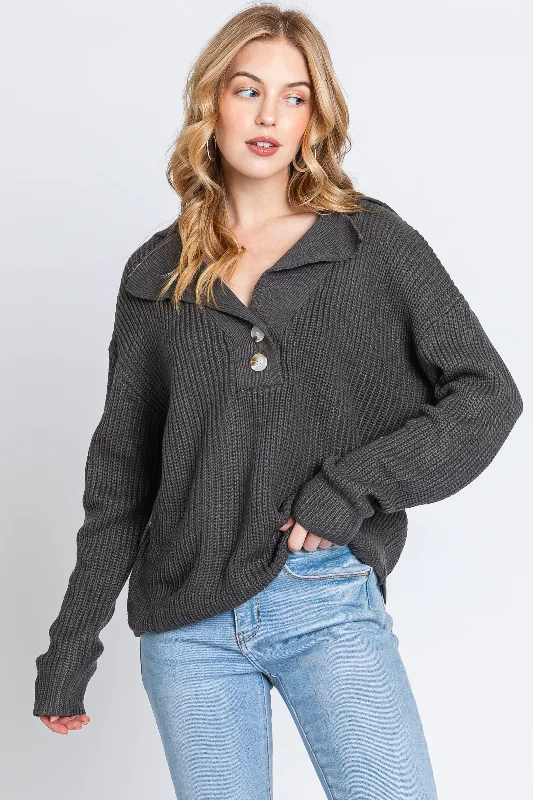 Charcoal Chunky Knit Front Button Sweater Elegant sweaters