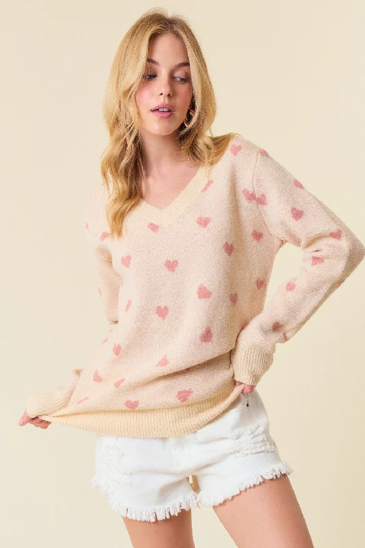 Cream Heart Print Knit Sweater Cropped sweaters