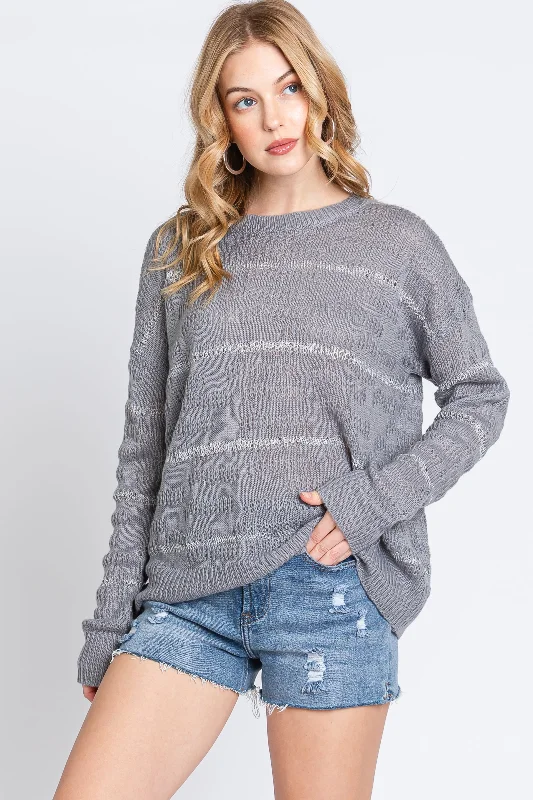 Grey Striped Open Knit Top Budget-friendly sweaters