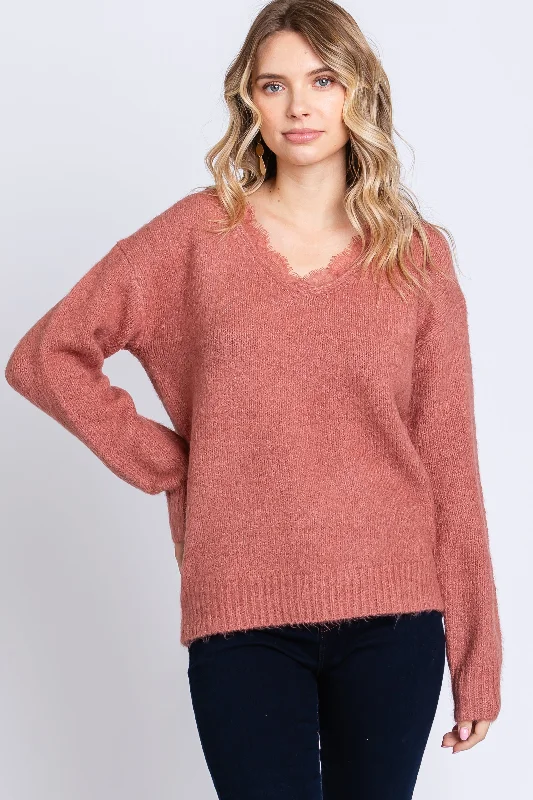 Mauve Soft Knit Lace Trim Sweater Best sweaters for cold weather