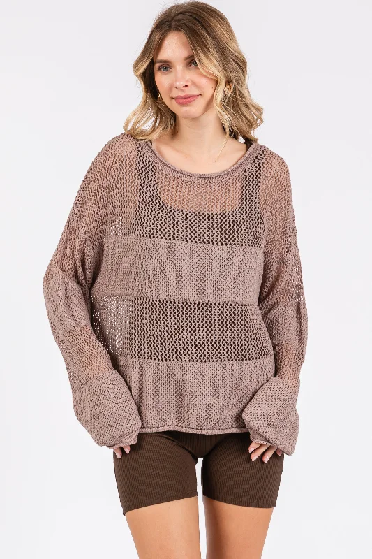 Mocha Crochet Knit Long Sleeve Cover-Up Stretchable sweaters