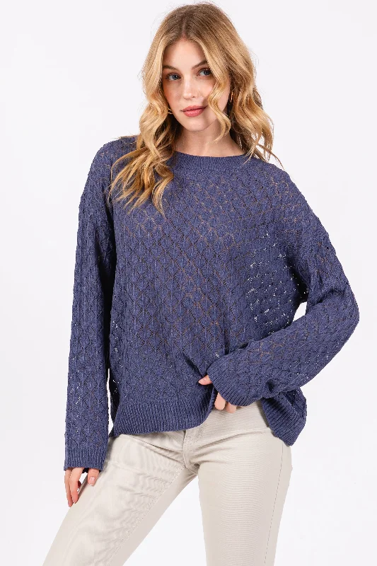 Navy Diamond Open Knit Top Cheap sweaters