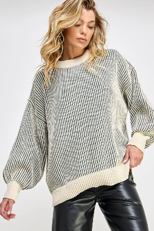 Olive Ribbed Balloon Sleeve Sweater Formal sweaters