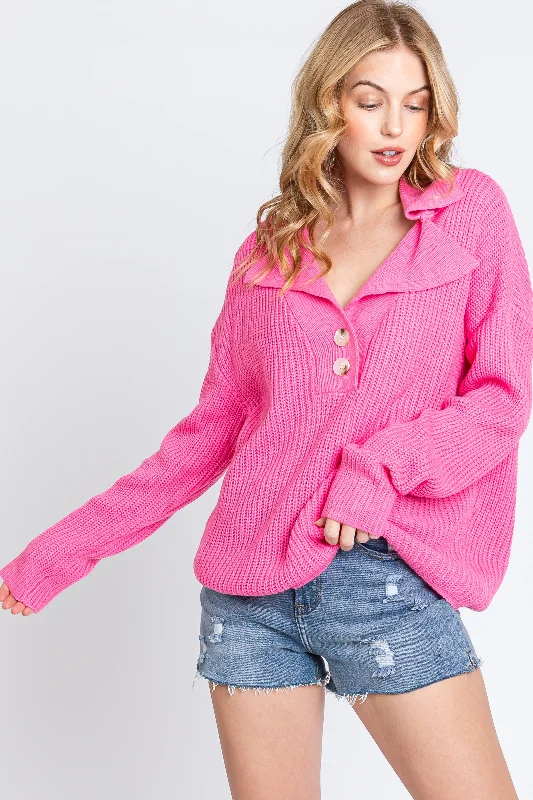 Pink Chunky Knit Front Button Sweater Edgy sweaters