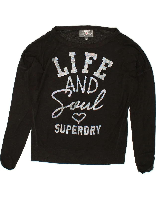 SUPERDRY Womens Oversized Graphic Sweatshirt Jumper UK 16 Large Black Men's wool sweaters discount