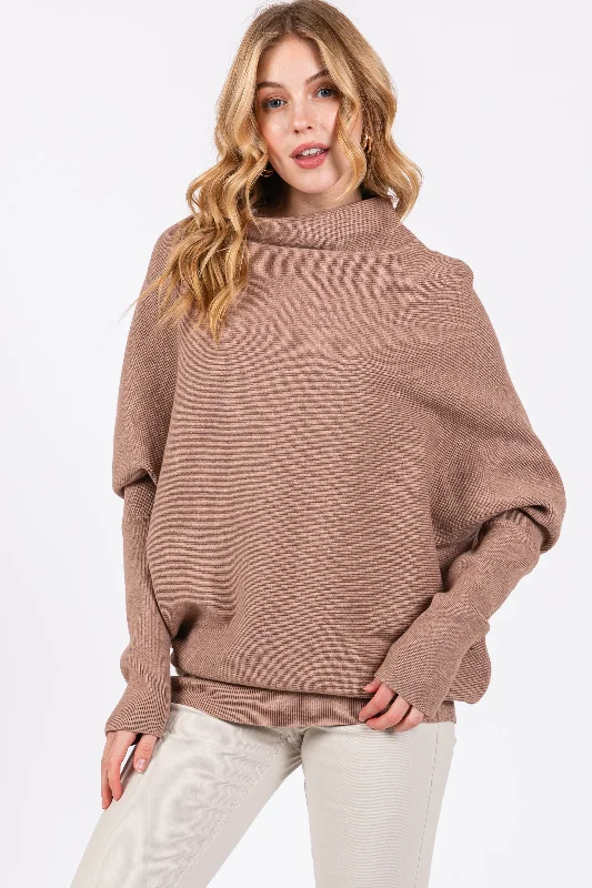 Taupe Funnel Neck Dolman Sleeve Sweater Cozy knit sweaters for winter