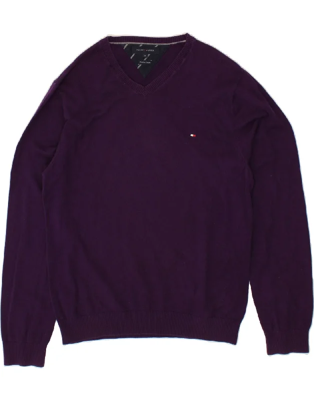 TOMMY HILFIGER Womens V-Neck Jumper Sweater UK 18 XL Purple Cotton Eco-friendly sweaters