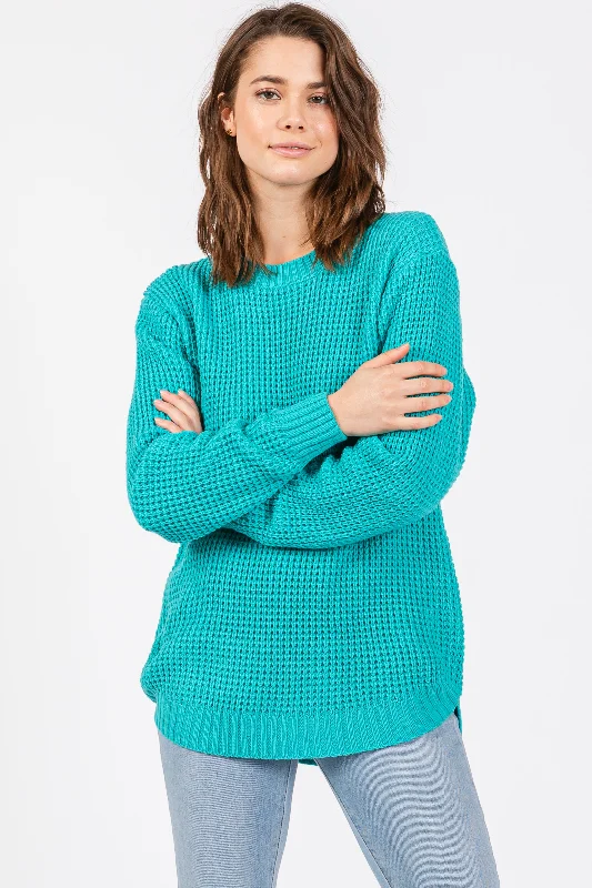 Turquoise Waffle Knit Round Hem Sweater Layering sweaters