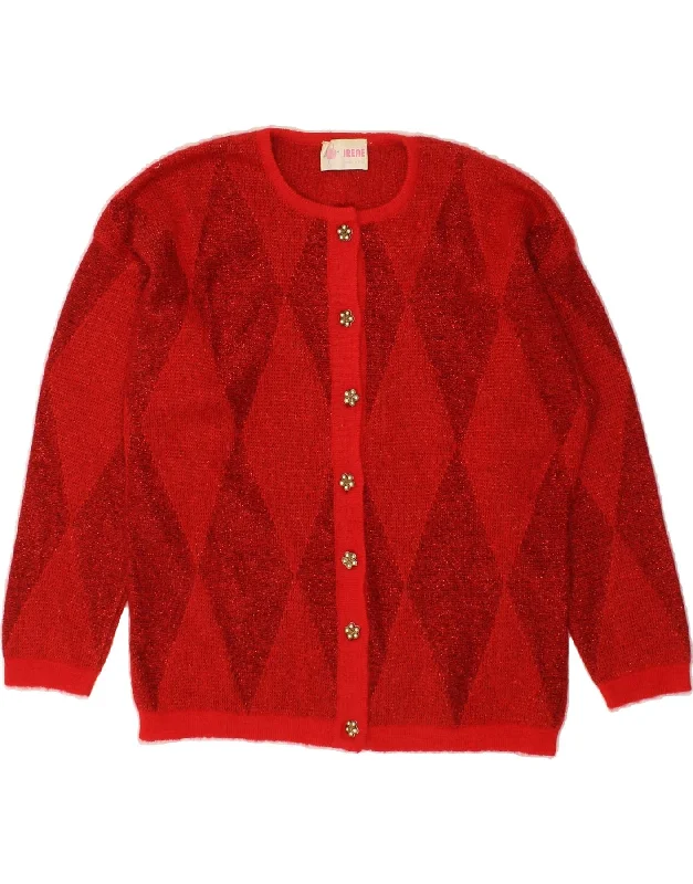 VINTAGE Womens Loose Fit Cardigan Sweater UK 14 Medium Red Argyle/Diamond Warmest sweaters for extreme cold