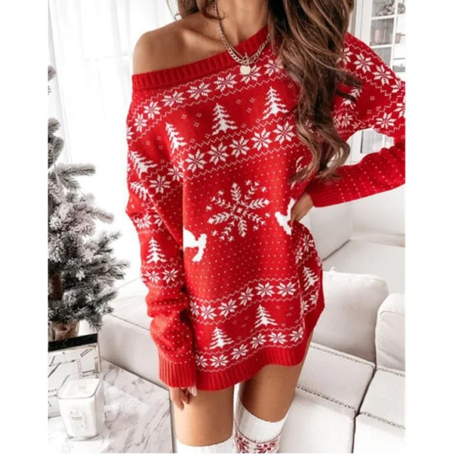 Christmas Snowflake Fawn Print Sweater Dress Bodycon mini dresses