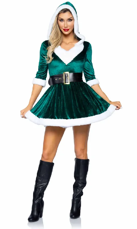 Claus I'm Hot <br><span>Velvet 3/4 Sleeve Faux Fur Hood V Neck Belt Flare A Line Mini Dress Halloween Costume</span> Corset mini dresses