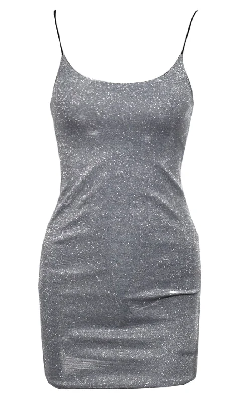 Disco Fever Silver Grey Shiny Lurex Glitter Sleeveless Spaghetti Strap Scoop Neck Bodycon Mini Dress Elegant mini dresses