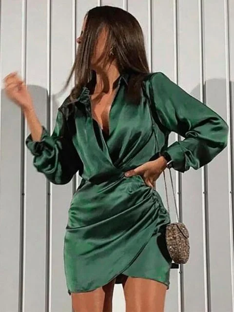 Long Sleeve V Neck Ruched Wrap Mini Dress Elegant mini dresses