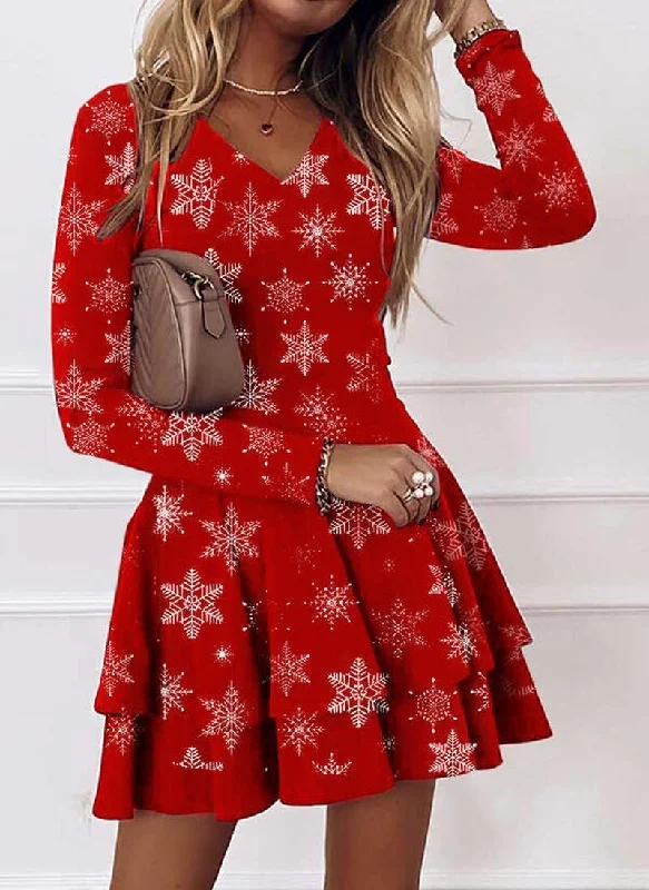 Long Sleeve V-neck Snowflake Print Dresses Women's trendy mini dresses sale