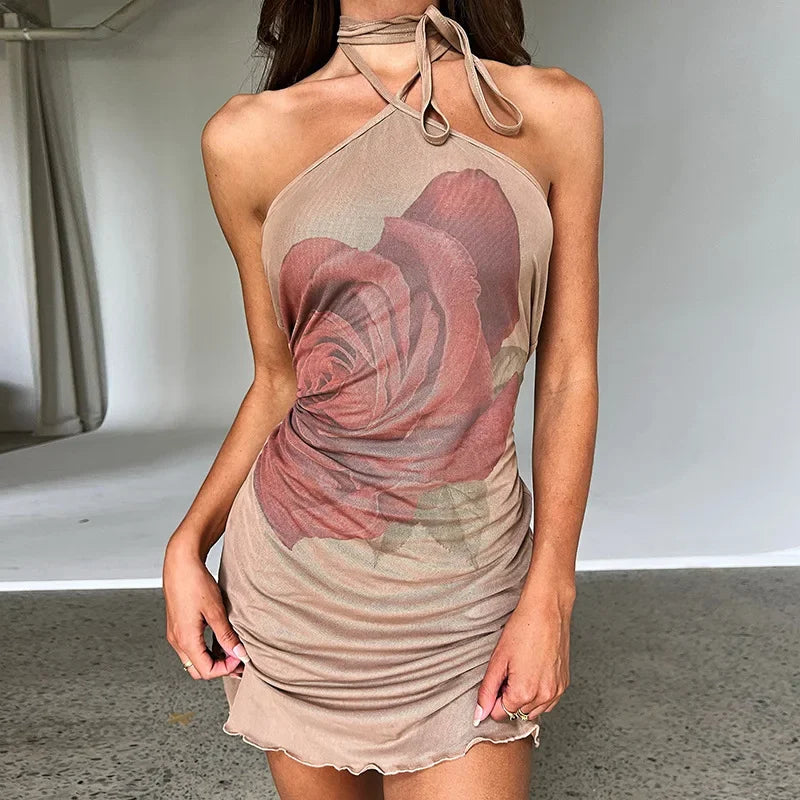 Rose Print Halter Neck Shoulder Short Clubwear Mini Dress Elegant mini dresses