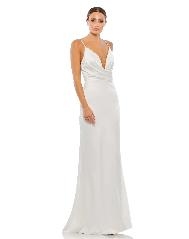 Plunging Faux Wrap Sleeveless Evening Gown Princess Wedding Dress