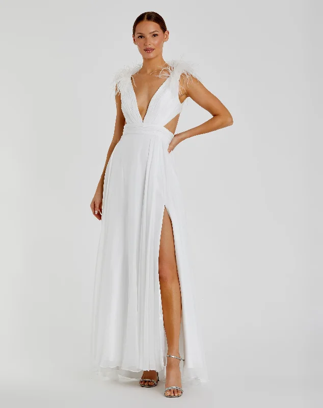 Plunge Ostrich Feather A Line Gown Sleeveless Wedding Dress