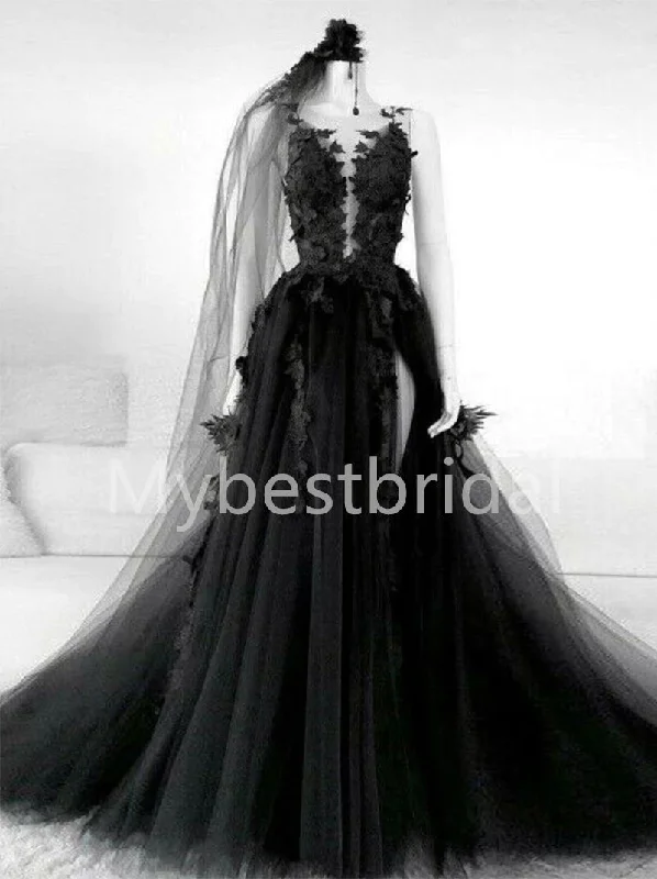 Black V-neck Side slit A-line Lace applique Wedding Dresses, WDY0263 Elegant Lace Gown