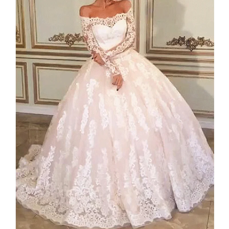 boho wedding dresses long sleeve lace appliqué elegant muslim Dubai wedding ball gown vestidos de novia princesa Satin Lace Gown