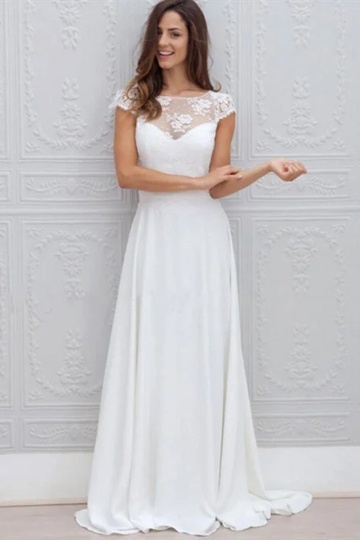 Cap Sleeves A-line White Wedding Dress with Lace Top Full Length Gown