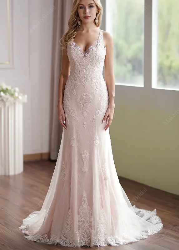 Luxurious Blush V-Neck Beaded Mermaid Bridal Gown Classic Lace Gown