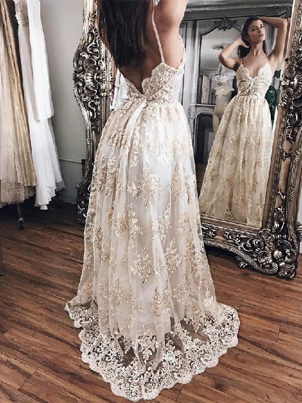 Custom Made A Line V Neck Backless Lace Wedding Dress with Champagne Appliques, Backless Prom Dresses, Graduation Dresses, Formal Dresses Romantic Wedding Dress