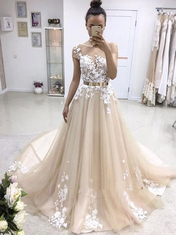 Custom Made Champagne Round Neck Short Sleeves Sweep Train Lace Prom Dress, Champagne Formal Dress, Wedding Dresses Floral Bridal Gown