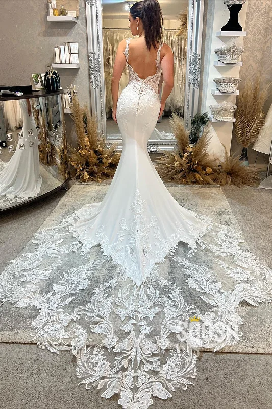 Attractive V-Neck Lace Appliques Mermaid Wedding Dress Bridal Gown QW2620 Mermaid Lace Gown