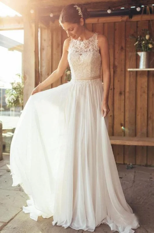 Elegant A-Line Round Neck Chiffon With Lace,Beach Boho Wedding Dresses Satin Lace Gown