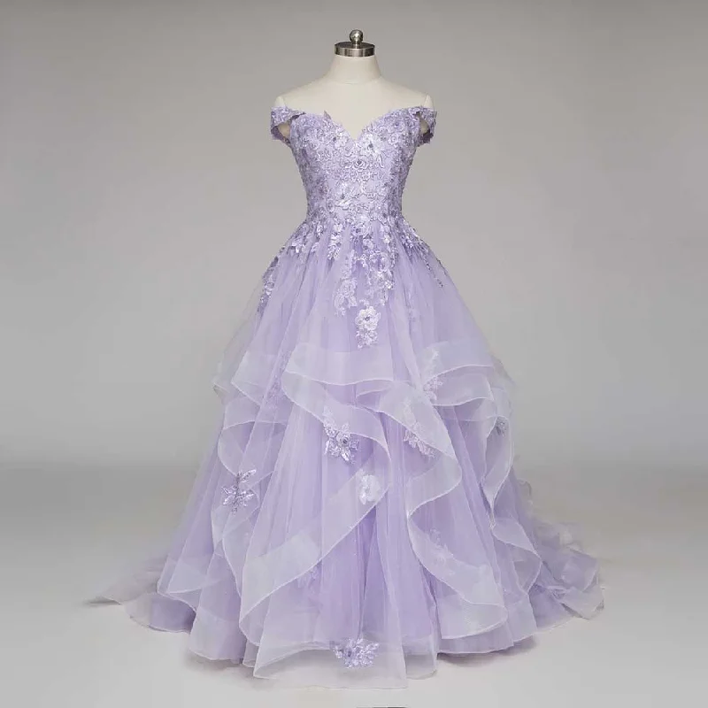 Enchanting Lilac Purple Ball Gown Wedding Dress with Off Shoulder Straps | KARENA Sheer Wedding Dress