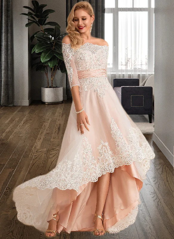 Evangeline A-Line Asymmetrical Satin Tulle Lace Wedding Dress With Sequins STIP0013769 Romantic Lace Dress