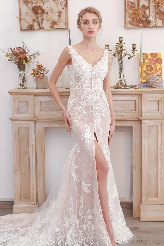 Flattering White Lace Mermaid Long Wedding Dress with Slit Beaded Wedding Gown