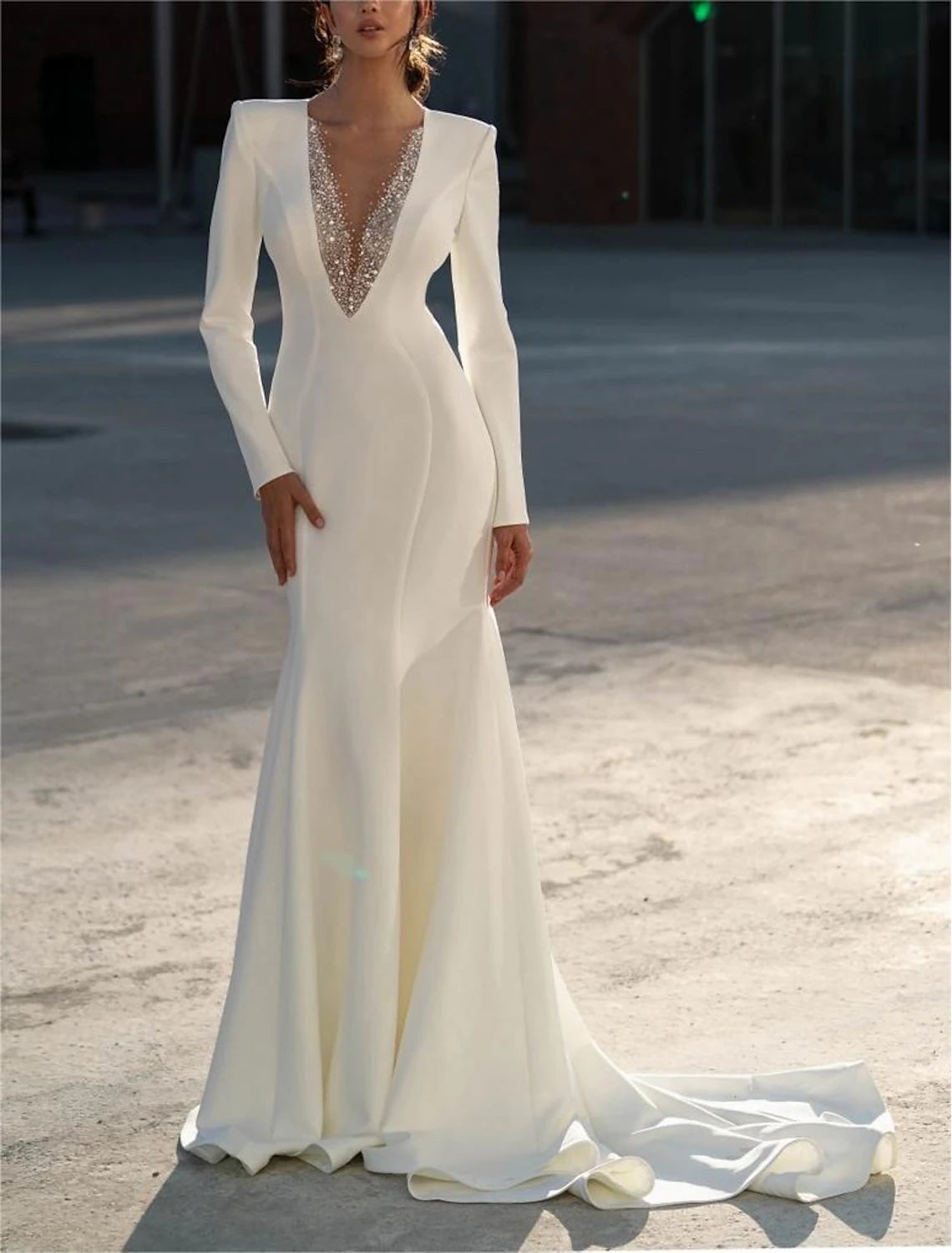 DingJiDress Formal Wedding Dresses Mermaid / Trumpet V Neck Long Sleeve Sweep / Brush Train Chiffon Bridal Gowns With Beading Strapless Wedding Gown