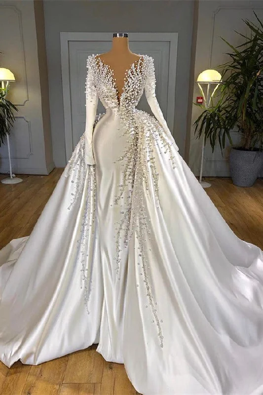 Glamorous Long Sleeve Pearls Wedding Dress V-Neck With Detachable Train Online Ruffle Wedding Gown