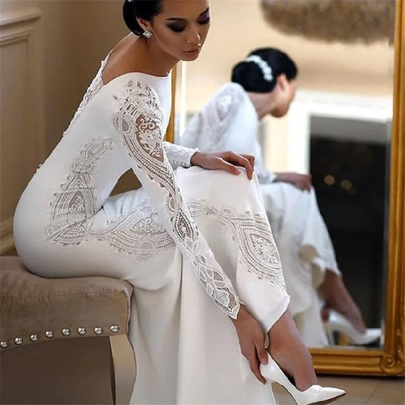 Gorgeous Long Sleeve Lace Satin Wedding Dress Sheath Reception Bridal Gown With Train Illusion Neckline Gown