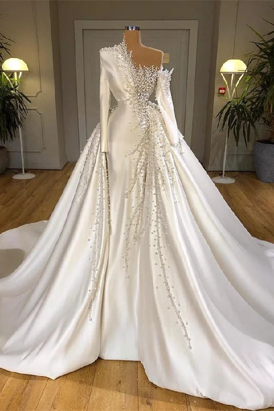 Luxurious Long Sleeve Pearls Overskirt Wedding Dress Online Strapless Bridal Dress