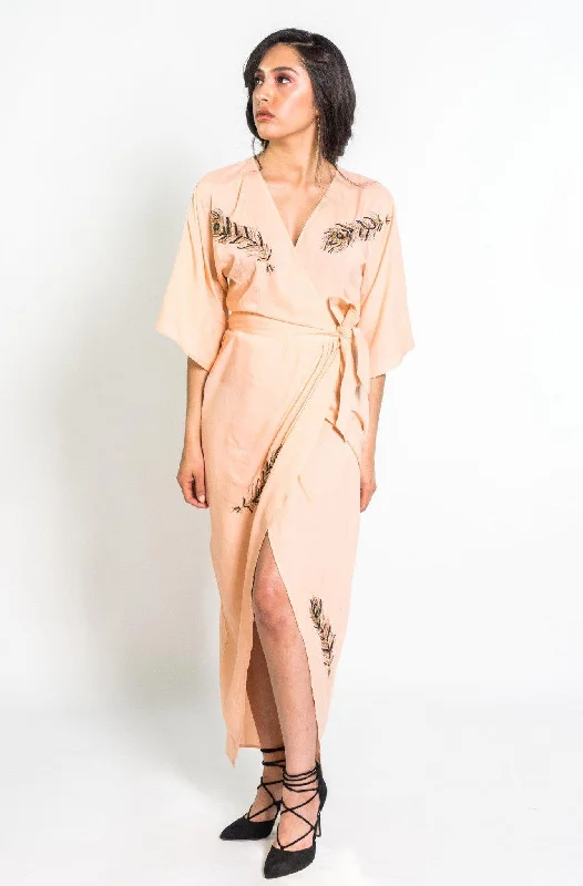 Beaded Peacock Feather Maxi Wrap in Blush Strapless Lace Dress