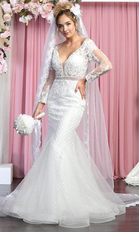 May Queen RQ7896 - Long Sleeves Sheer V-neck Wedding Gown Strapless Wedding Gown