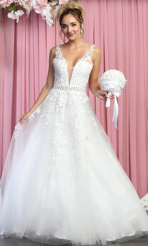 May Queen RQ7903 - Sleeveless Deep V-neck Wedding Dress Elegant Satin Dress