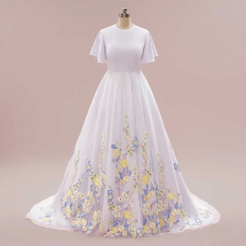 Modest A-line Wedding Dress with Color Embroidered Lace | ROSEMARIE Embroidered Wedding Dress