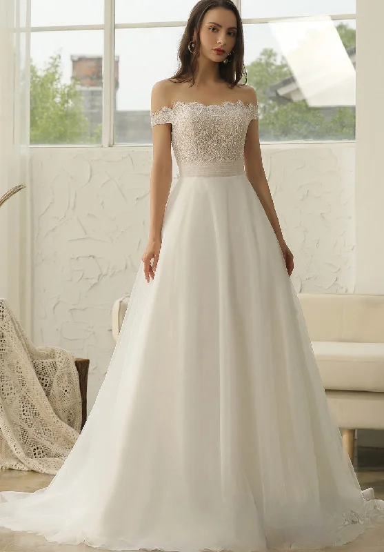 Off-The-Shoulder Beading Lace Pleating Wedding Dress Off-shoulder Wedding Gown