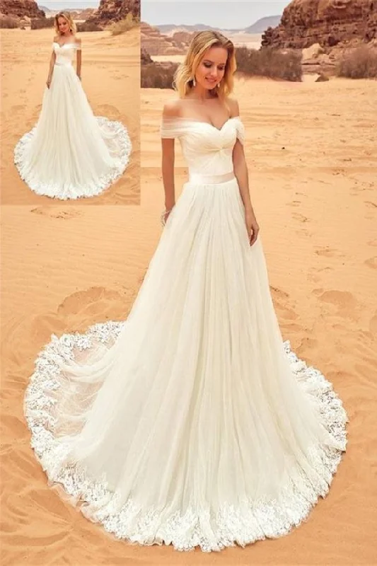 Off The Shoulder Long Elegant Ivory Lace Tulle Wedding Dresses Beach PEPB9Y73 Simple Wedding Gown