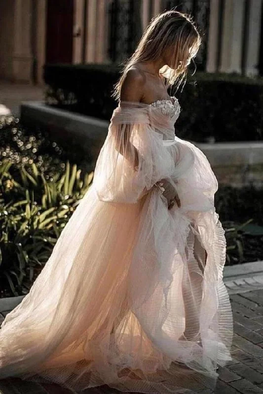 Princess Long Puff Sleeves Off The Shoulder Tulle Wedding Dresses Beach PY665D8X Simple Wedding Dress