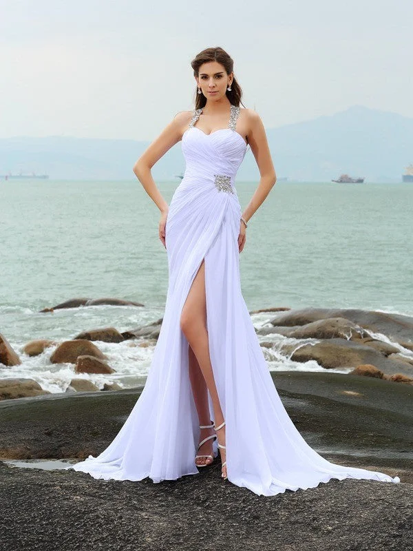 Sheath/Column Straps Beading Sleeveless Long Chiffon Beach Wedding Dresses TPP0006130 A-line Wedding Gown